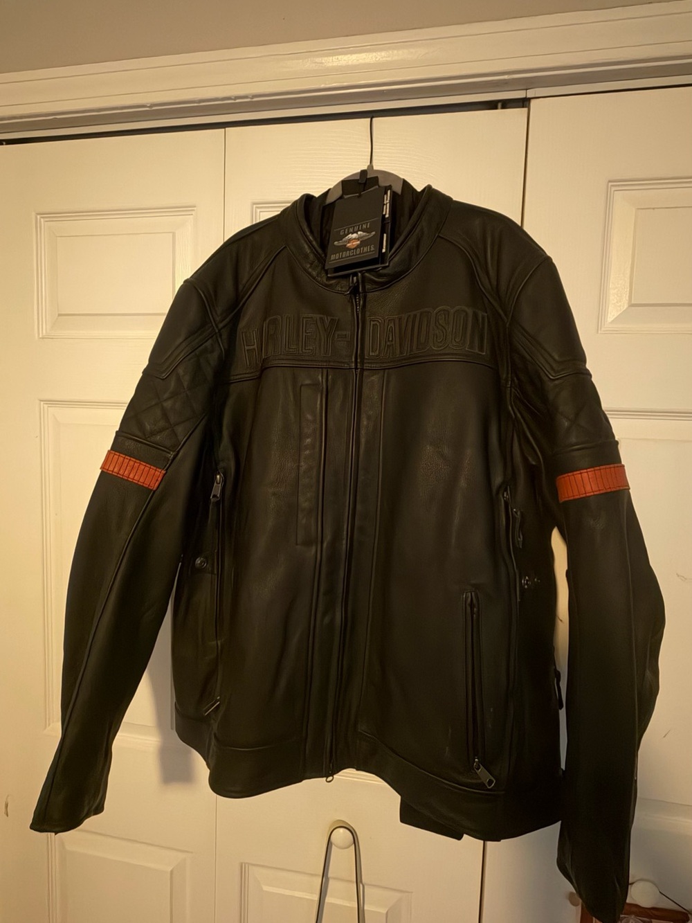 Harley-Davidson Black Leather Riding Jacket with Orange Sleeve Stripes